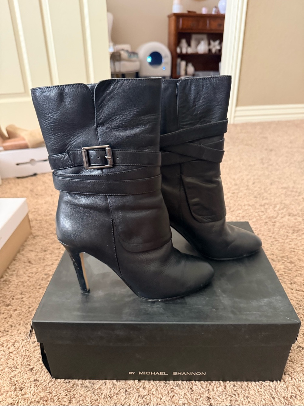 Michael Shannon Black Leather Mid-Calf Stiletto Buckle Boots